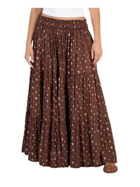 NWT Lucky Brand Chocolate Multi Broomstick Tiered Maxi Skirt Medium